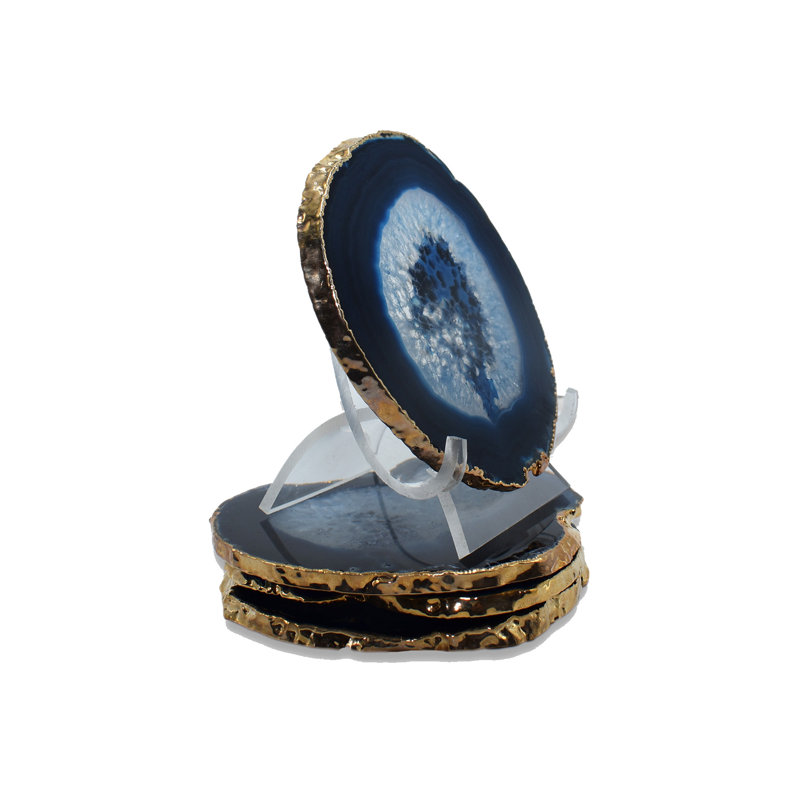 Sous-verre en agate avec bordure dorée, bleu