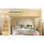Lit mezzanine pleine grandeur en bois massif avec abat-jour naturel, garde-robe, rangement, garde-corps, escaliers et tablettes de rangement, garde-corps stable