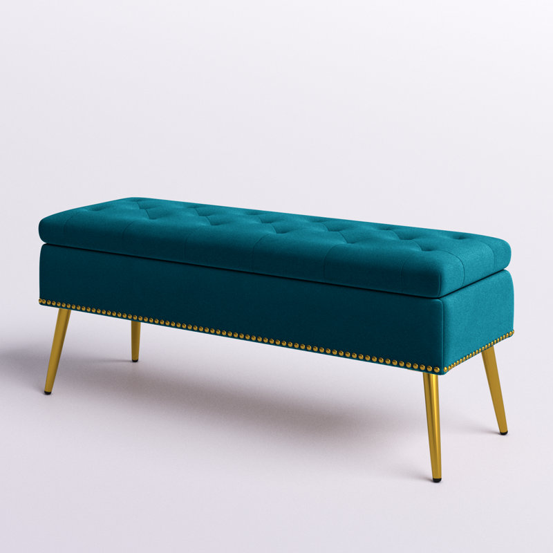 Banc de rangement rembourré en velours Kajana, Velours sarcelle