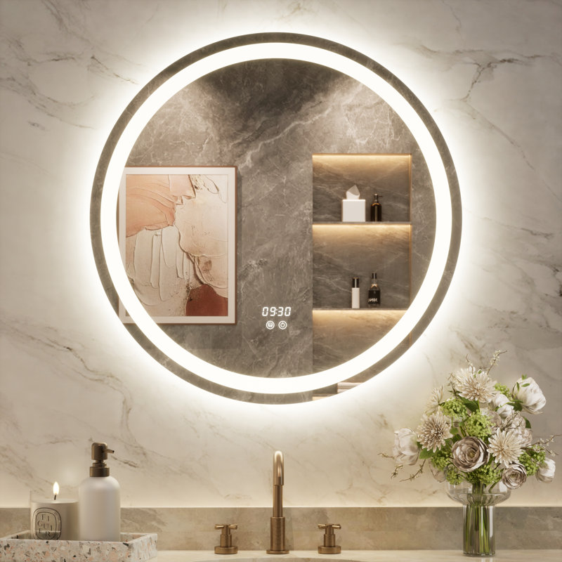 Miroir rond pour salle de bain à DEL avec horloge, température de 3 couleurs, antibuée, certifié UL, verre trempé, 30" x 30"