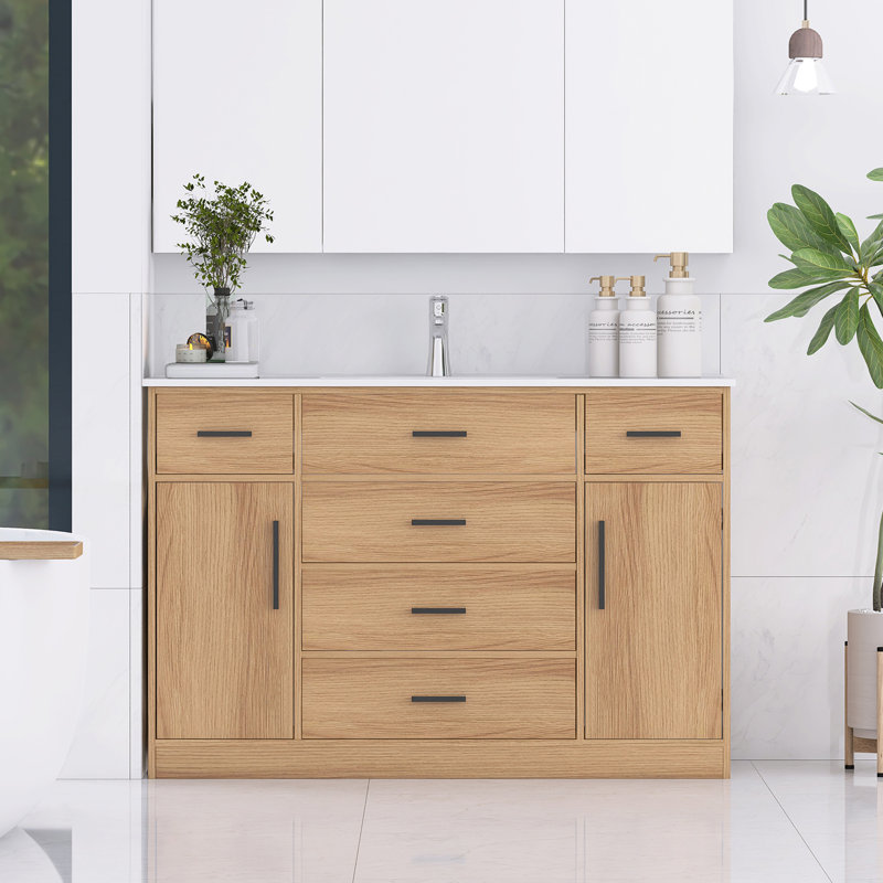 Meuble-lavabo autoportant moderne moderne de 48 pouces avec lavabo simple en résine, avec 6 tiroirs à fermeture douce, 2 portes