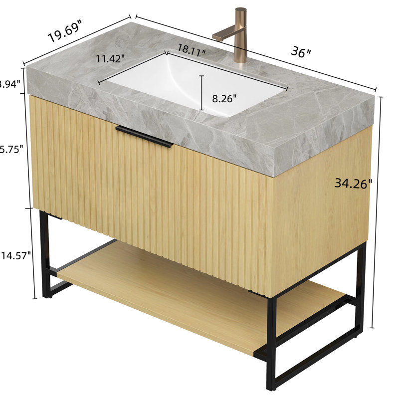 Meuble-lavabo de 91 cm (36 po) avec comptoir en pierre frittée grise, lavabo encastré en céramique, armoire en contreplaqué de chêne, tiroir et tablette ouverte, robinetterie standard, meuble-lavabo spacieux et autoportant