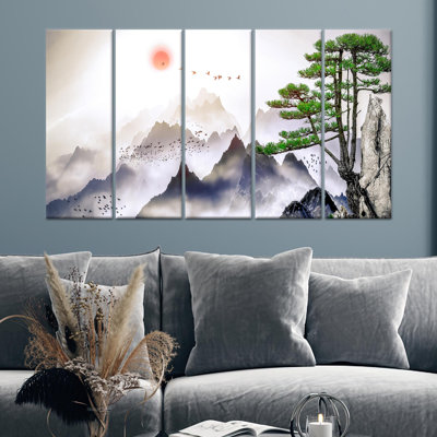 Elegant Japanese Mountain View Glass Wall Art - Printed Canvas,5P Wrapped Canvas