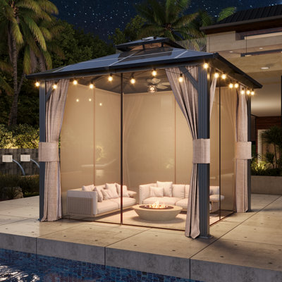 10 Ft. W x 10 Ft. D Aluminum Hardtop Gazebo, Permanent Pavilion with Curtains and Netting, Outdoor Double Roof Canopy, Designed for Garden, Lawns, Patio, Brown
