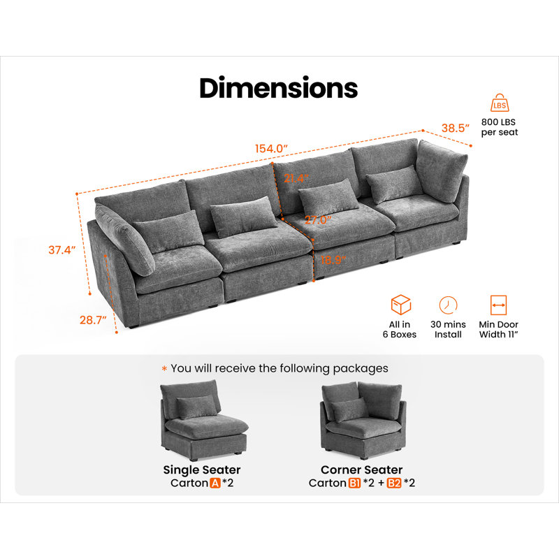 4 Seater Chenille Oversized Modular Sofa Extra Deep Cloud Sectional Couch With Ottoman Chaise Fsc Certified Fluffy Sofa