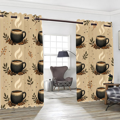 2PCS Grommet Top Blackout Window Curtains, Artistic Coffee Cup Beverage Pattern Polyester Printed Drapes, Thermal Insulated, Noise Reducing, Privacy Protection, Room Darkening Decorative Window Coverings for Living Kitchen Bedroom Indoor Home Decor