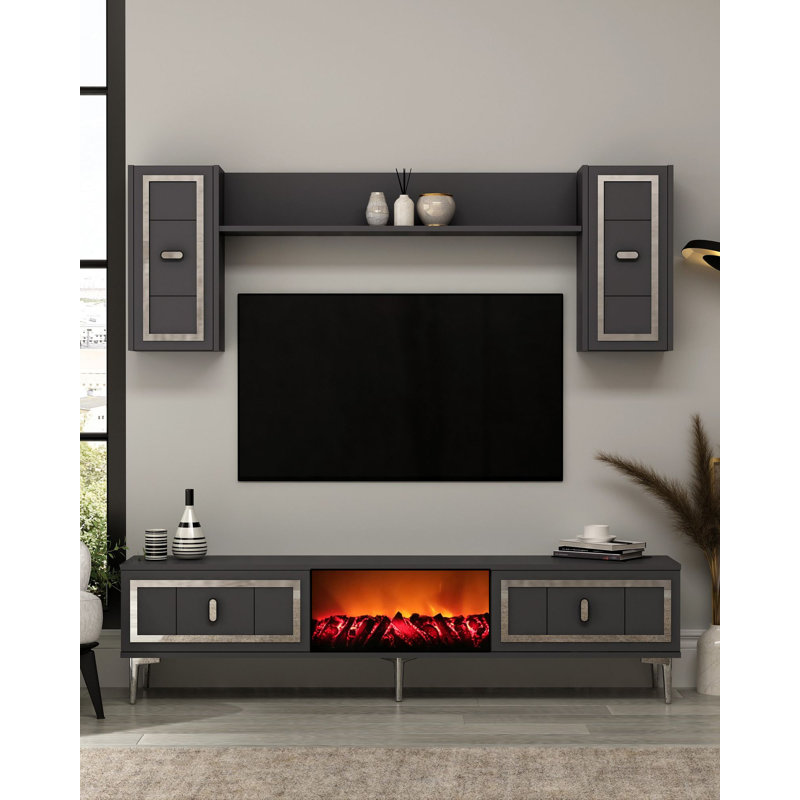 Meuble télé moderne avec tablette murale, 59,1 po x 17,6 po x 11,6 po | 100% panneau de particules enduit de mélamine, épaisseur: 0,7 pouce | Nombreuses tablettes, à fixation murale, parfaites pour les salons contemporains