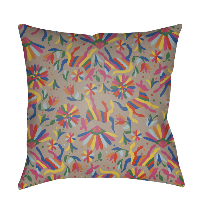 Lolita Pablo Indoor/Outdoor Floral Pillow Cover, Taupe, 20" H x 20" W x 3" D