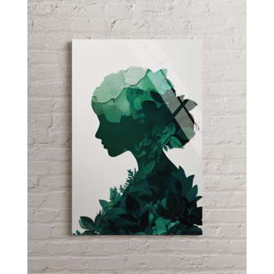 Silhouette de femme inspirée de la nature - art mural en verre trempé vert émeraude, profil de dame botanique moderne, art mural en verre