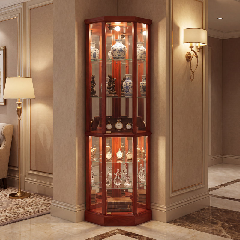 Vitrine de coin lumineuse avec portes en verre et tablettes en verre, Cerisier classique