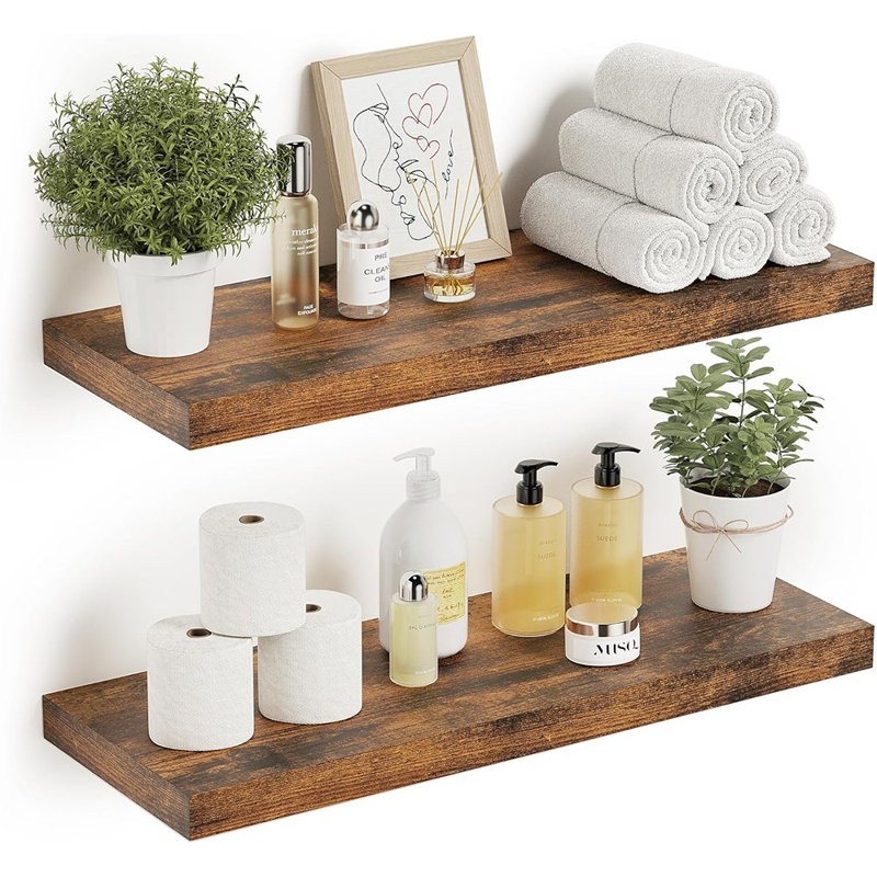 Deeper & Thicker Floating Shelves For Wall, Bathroom Shelves Long Floating Shelf For Wall Set Of 2, Over Toilet Wall Mounted Farmhouse, Rustic Brown
