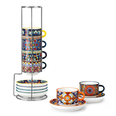 6 Piece Stackable Ceramic Espresso Cup & Saucer Set In Artistic Bohemian With Silver Holder | 5 Oz Demitasse Set, Modern Stacking Design