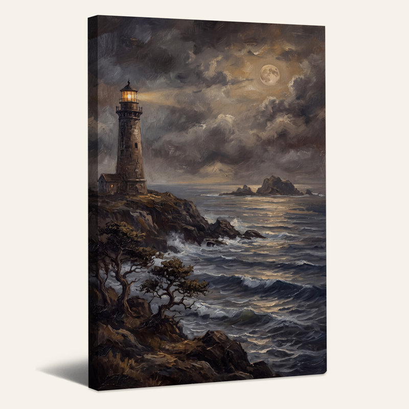 Tableau sur toile d'Halloween représentant un phare au clair de lune sur la côte rocheuse, 40"H x 28"W