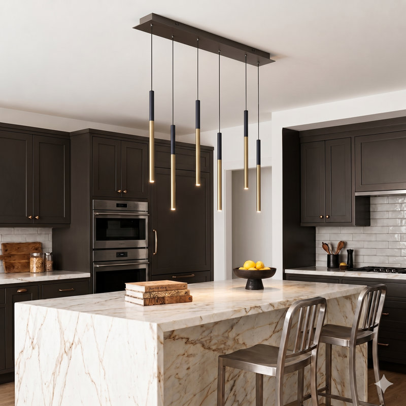 Baileyton 6 - Light Kitchen Island Pendant, Black Top/Brushed Brass