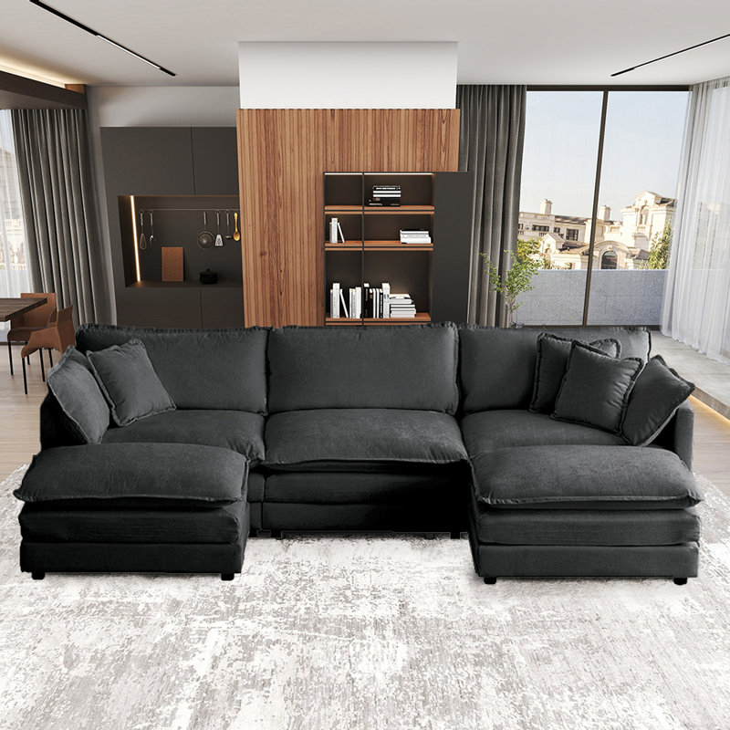 111.5" U-Shaped Modular Sectional Sofa With Movable Ottomans, Gray Chenille