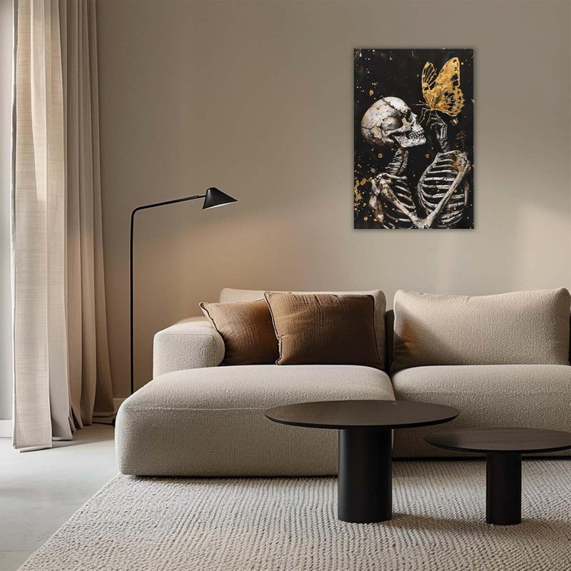 Skull Wall Art Skull And Gold Butterfly Canvas Print Abstract Modern Gothic Artwork For Bedroom., 45 cm H x 30 cm W