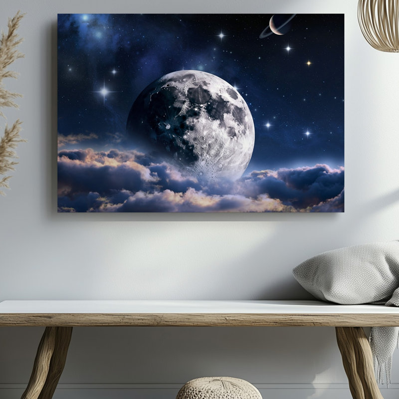 Toile dans un vaste tableau cosmique, une lune surdimensionnée lumineuse domine le centre supérieur de sa surface rugueuse