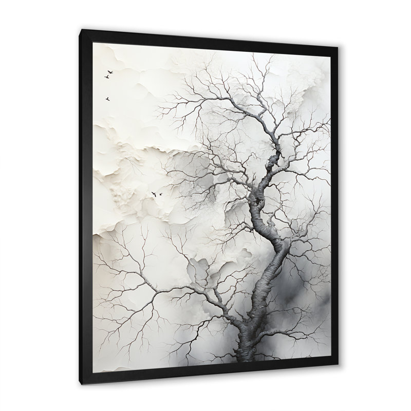 Arbre blanc et gris mystique - décoration murale florale et botanique, H 20 po x l 12 po x P 1 po, Cadre photo noir