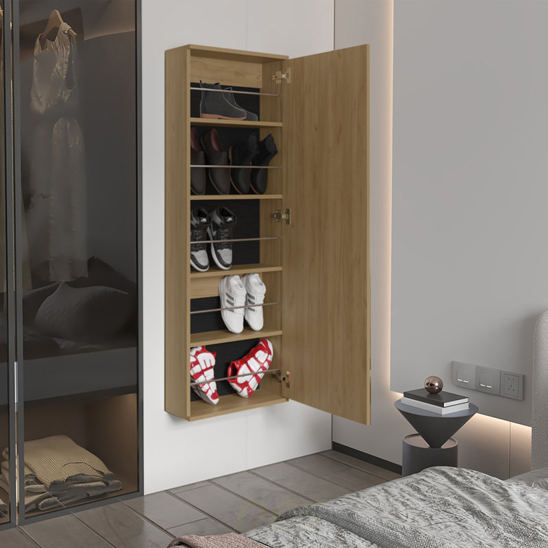 Range-chaussures mural Leto avec miroir, porte simple, capacité pour dix chaussures en chêne naturel, rangement pour chaussures
