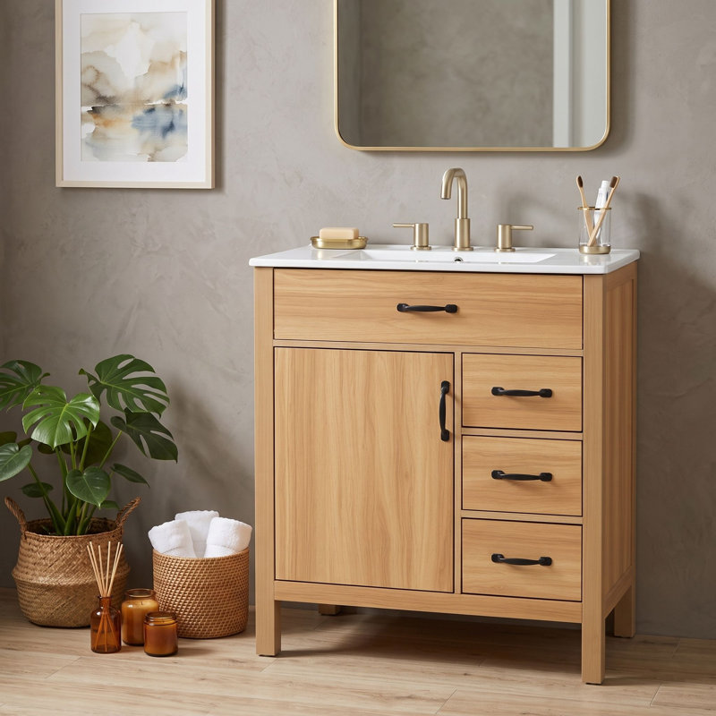 Meuble-lavabo autoportant contemporain avec lavabo en céramique, porte à fermeture douce et support de rangement double couche