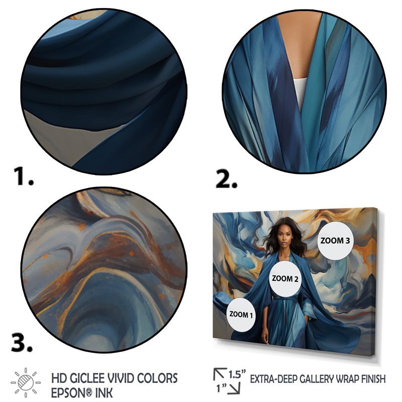 Bleu et blanc, mode océanique - art mural Chanel, Cadre doré à coins fermés, H 34 po x l 44 po x P 1,5 po