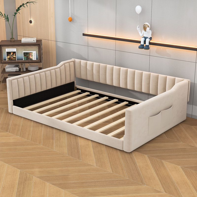 Upholstery Daybed with Storage pocket, Beige, Full Extra-Long