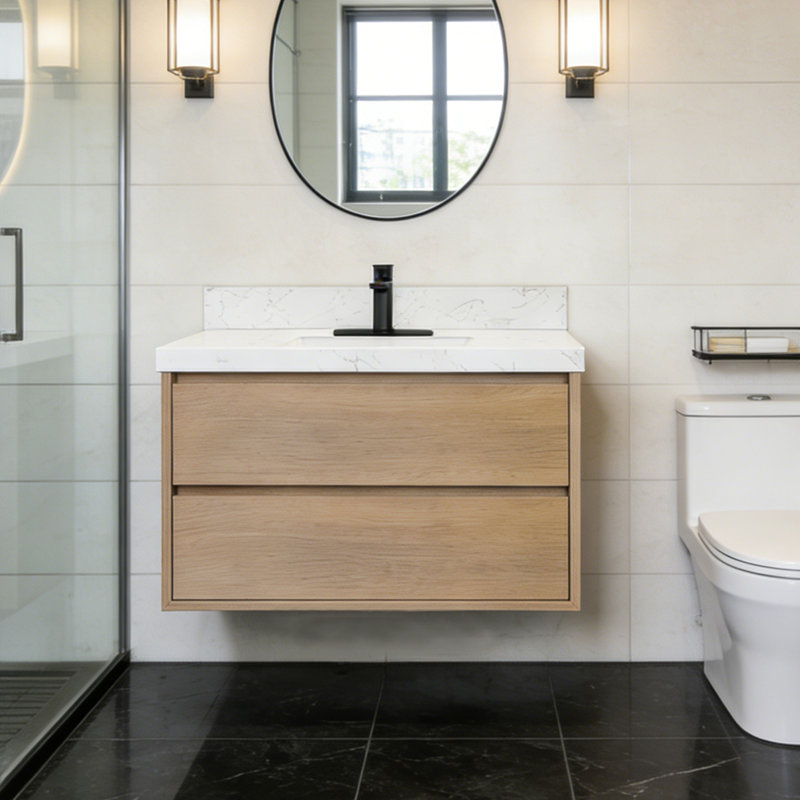 Meuble-lavabo mural simple 36 po avec plateau en pierre, Chêne naturel, 36"