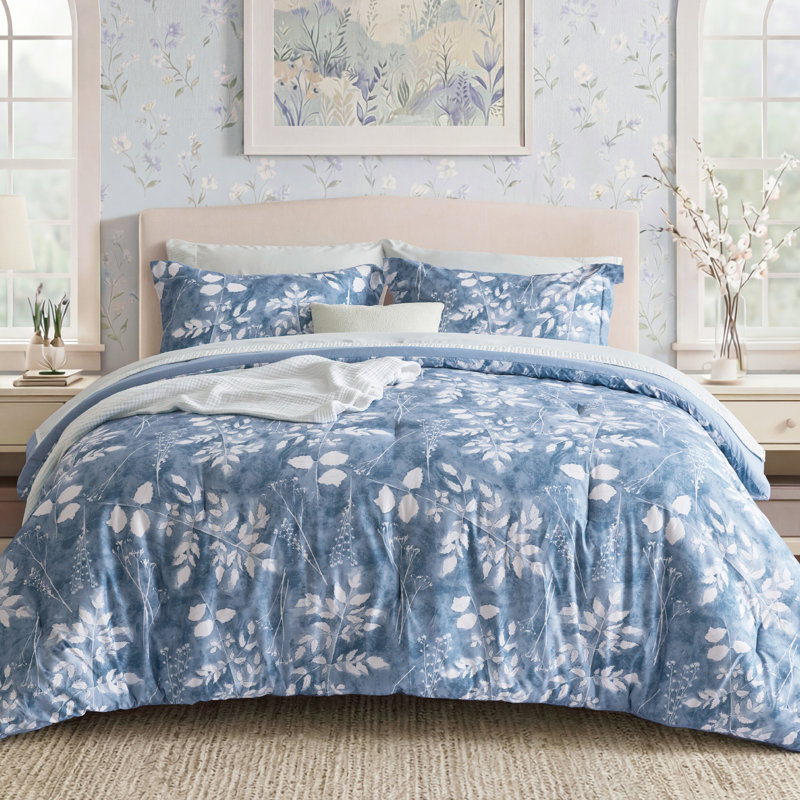 Bedsure Full Comforter Set, Blue Soft Bedding, 3 Pieces Watercolor Plants Bed Set For All Seasons, 1 Comforter And 2 Pillowcases