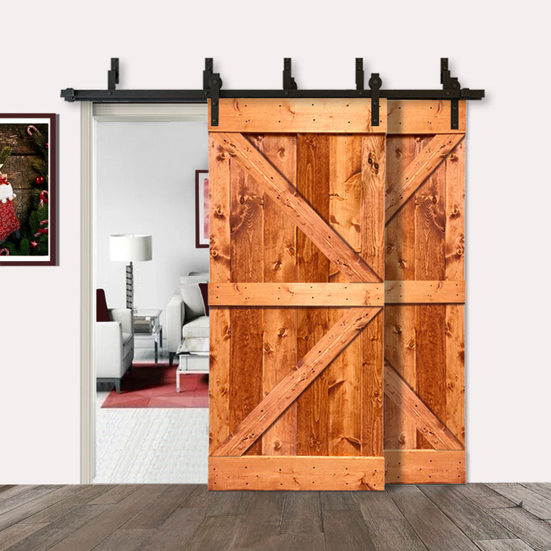 Porte de grange à panneaux et en bois avec quincaillerie d'installation, 36 po x 84 po, Noyer rouge, Café foncé