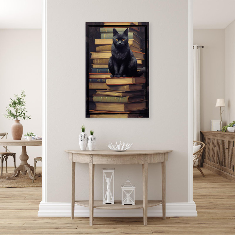 Chat noir et livres sur toile, impression, H 14 po x l 11 po x P 1,25 po
