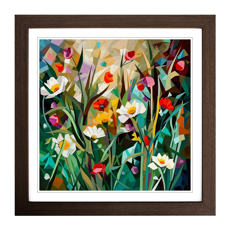 Wildflowers Cubism No.2 - Single Picture Frame Print on Wood, Walnut