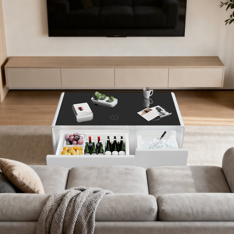 Smart Coffee Table with Refrigerator and Freezer Drawers Wireless Charging and Built In Speakers, White