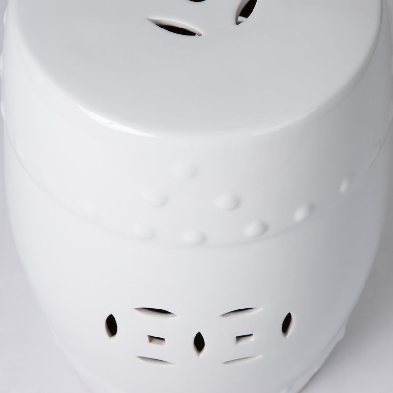 Optic White Ceramic Garden Stool with Double Medallion Design