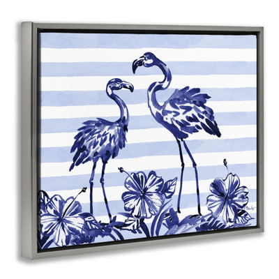 Cadre flottant indigo flamants sur rayures, design par Paul Brent