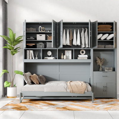 Lit escamotable simple simple avec placard, tiroirs et bureau - gris