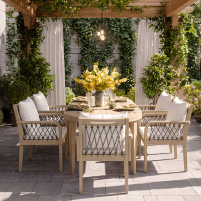 Solyn Patio 6-Person Acacia Wood Dining Set With Oval Slatted Tabletop & Woven Rope Arm Chairs