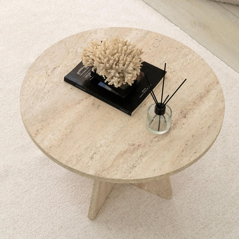 Modern Coffee Table, Travertine Color, 23.6 in Diameter x 15.7 in Height | 100% Melamine Coated Particle Board, Thickness: 0.7 in | Elegant Solid Beige Design, Perfect for Living Room & Contemporary Spaces, Durable & Stylish Addition