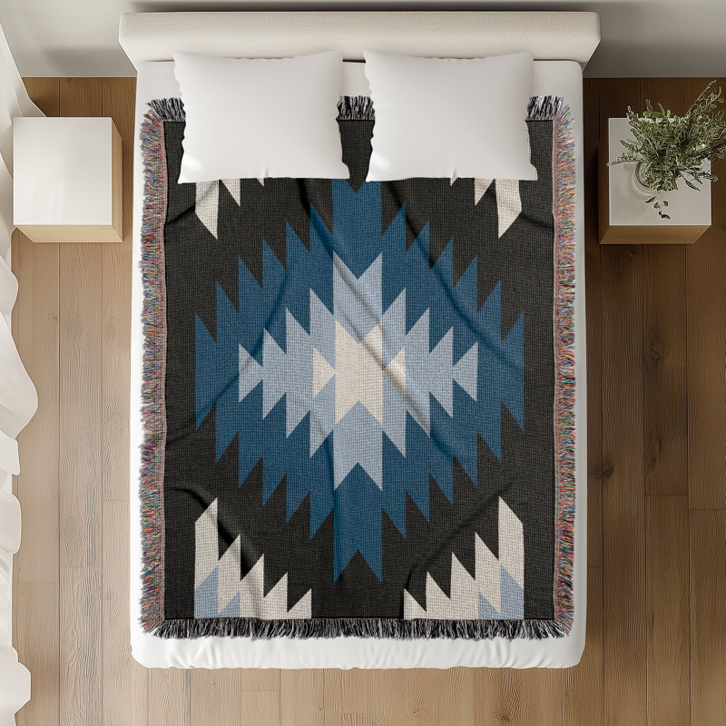 Jeté en mélange de coton Caca South Western, L 80 po x l 60 po, Bleu / noir / blanc cassé