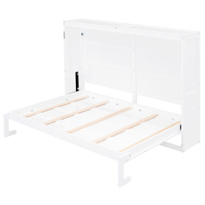 Queen Size White Bed Wall Bed, Space - Saving Furniture For Multi Purpose Rooms, Easy To Use With Support Legs And Handles Foldable Into Cabinet, In Small Spaces, Absorbing Slats