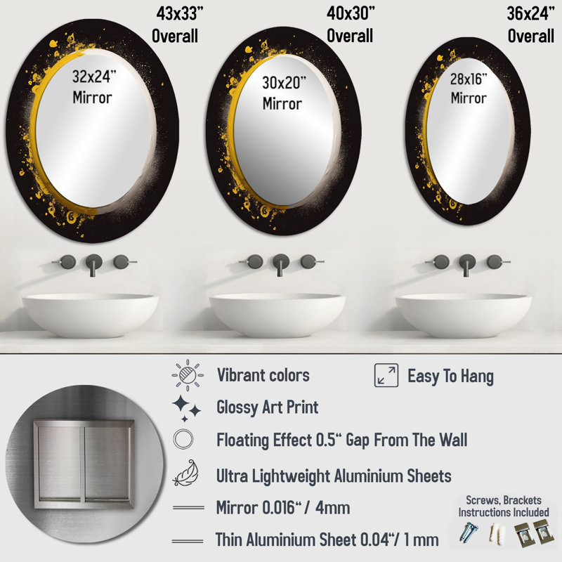 Yellow White Yin And Yang - Spiritual Oval Decorative Mirror On Metal, 40" x 30"