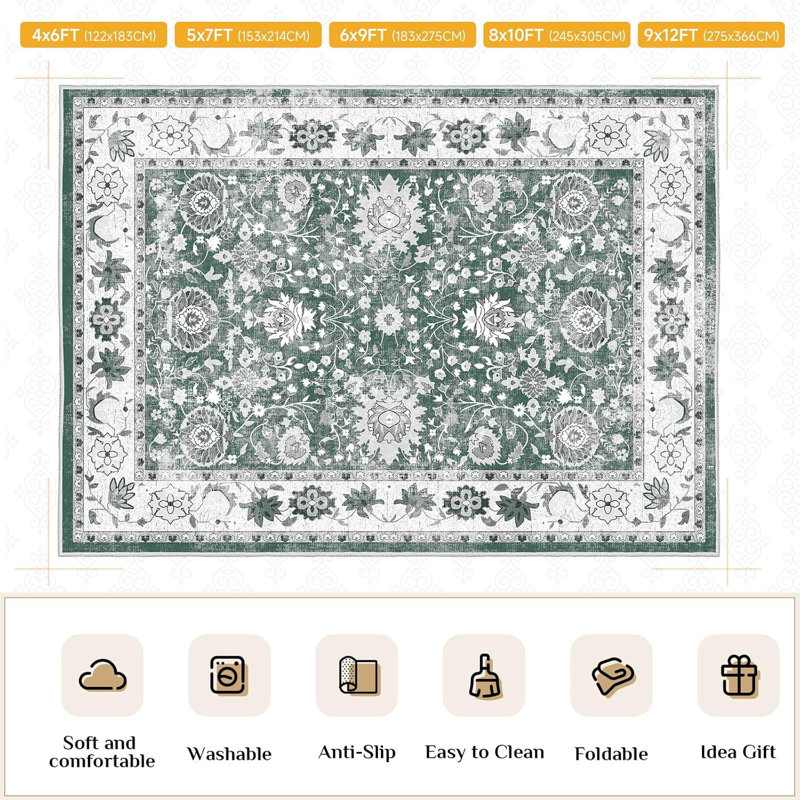 Machine Washable Folded Area Rug For Living Room Bedroom Modern Style Low-Pile Soft Rug For Dining Room Home Decor Traditional Carpet, Non Slip & Easy To Clean
