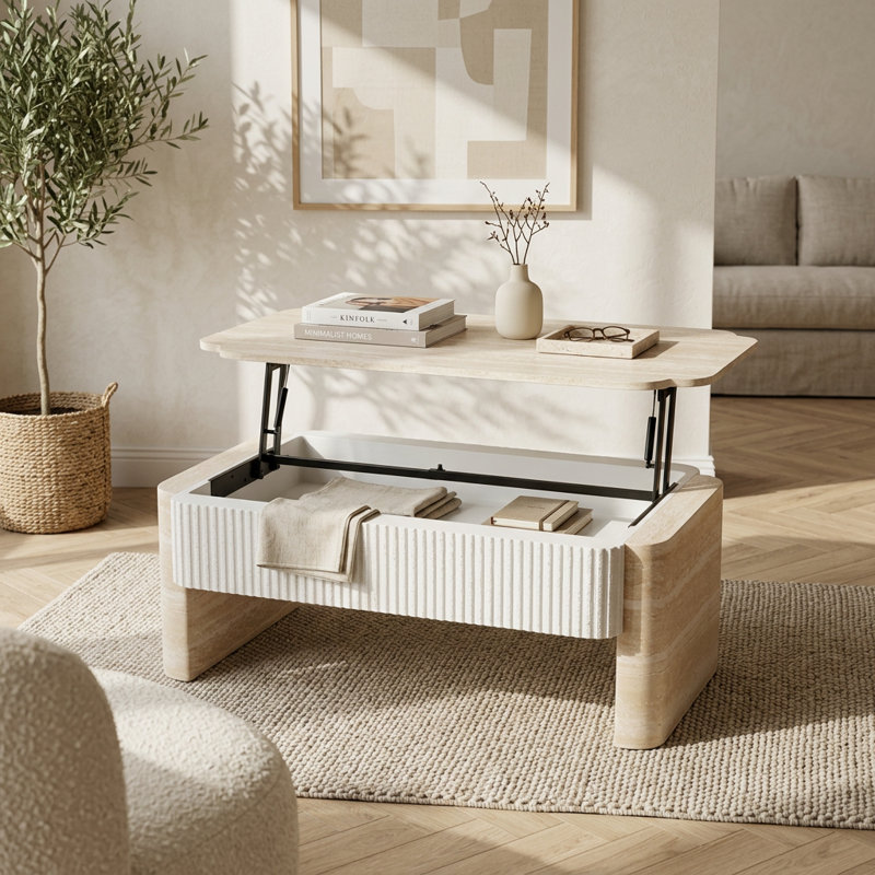 Table basse à plateau relevable moderne avec surface extensible et compartiments de rangement cachés