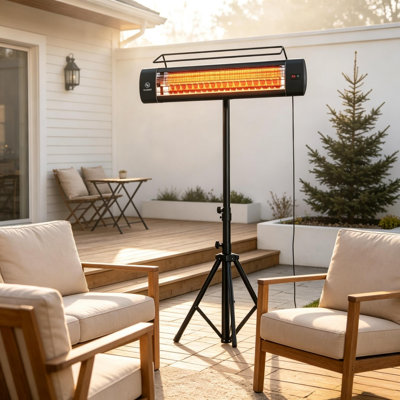 Chauffage de terrasse électrique sur pied 1500 W, étanche IP65, infrarouge, avec trépied, 3 niveaux de chaleur et minuterie de 24 heures. Couleur : noir.