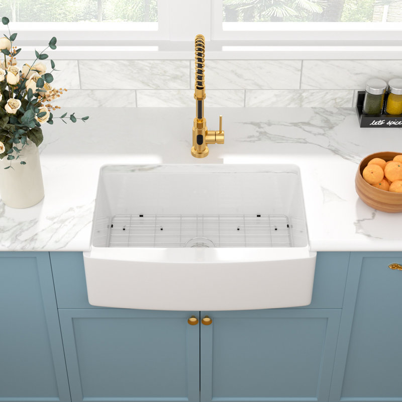 33" L x 21" W White Ceramic Farmhouse Kitchen Sink Curved Apron Front Porcelain Fireclay Single Bowl Farm Sinks Basin