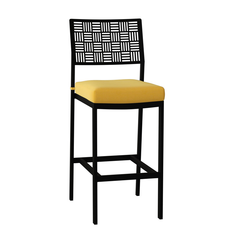 New Century Outdoor Bar Stool, Textured Black, Spectrum Denim Sunbrella® Plainweave
