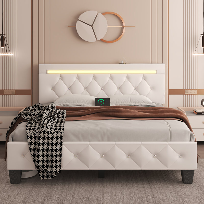Diamond Button Design Bed Frame with Height-Adjustable Headboard, Charging Station, RGB LED Lights, Easy to Assemble, White