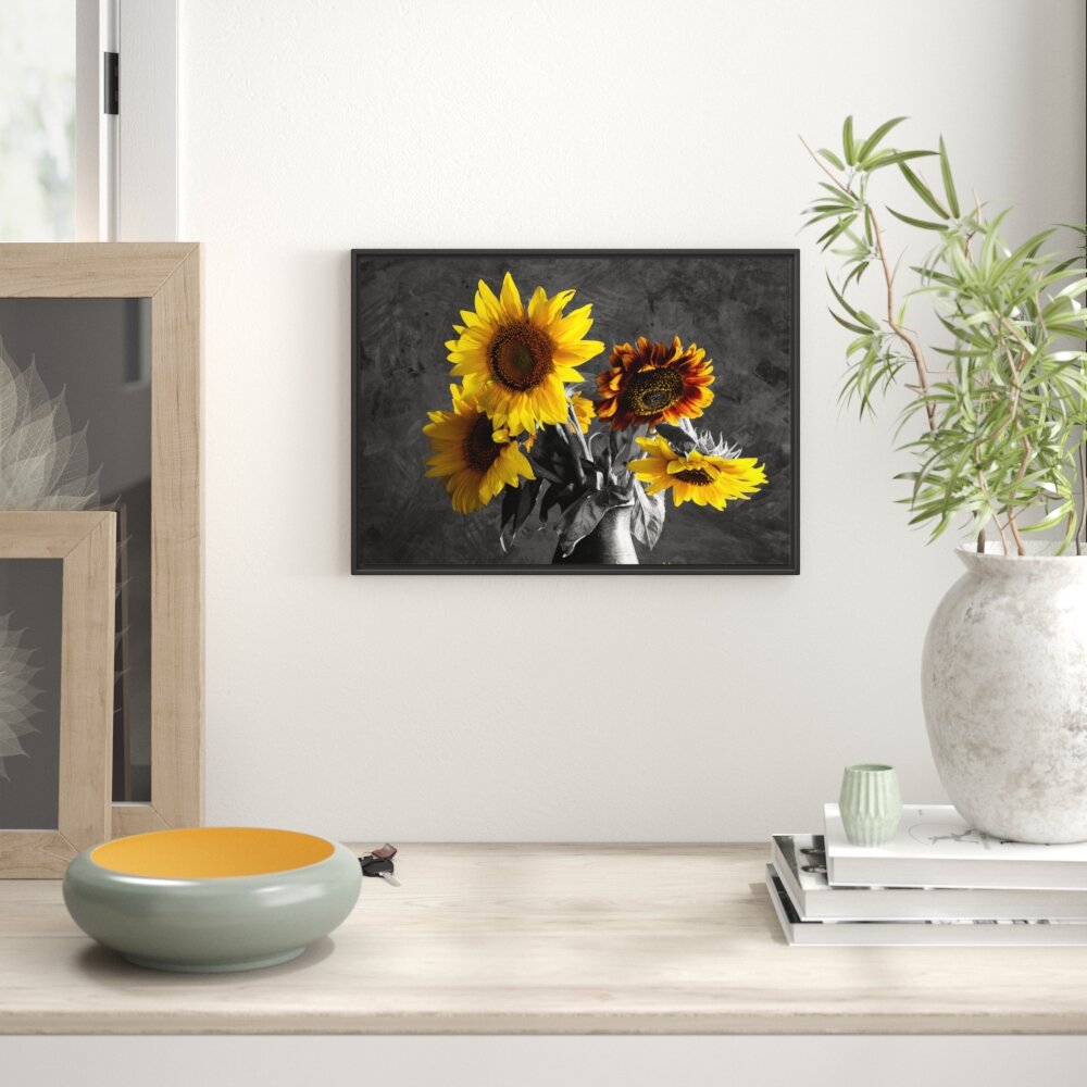 Gerahmtes Wandbild schöne Sonnenblume in Vase