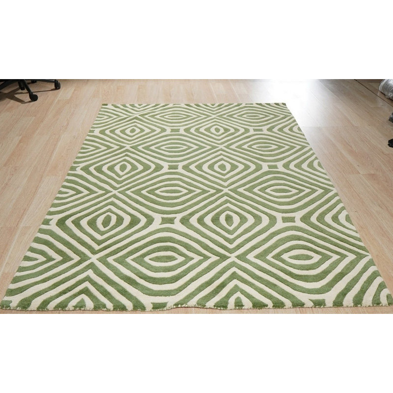 Hand Tufted Wool Geometric Area Rug in Green, 8' x 10'