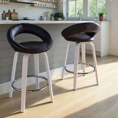 Tabouret de comptoir à hauteur fixe avec pivot en bois blanc et similicuir avec repose-pieds rond chromé - ensemble de 2