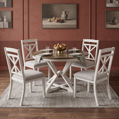 Extendable Round Dining Table Set with 4 Upholstered Chairs for Kitchen Dining Room